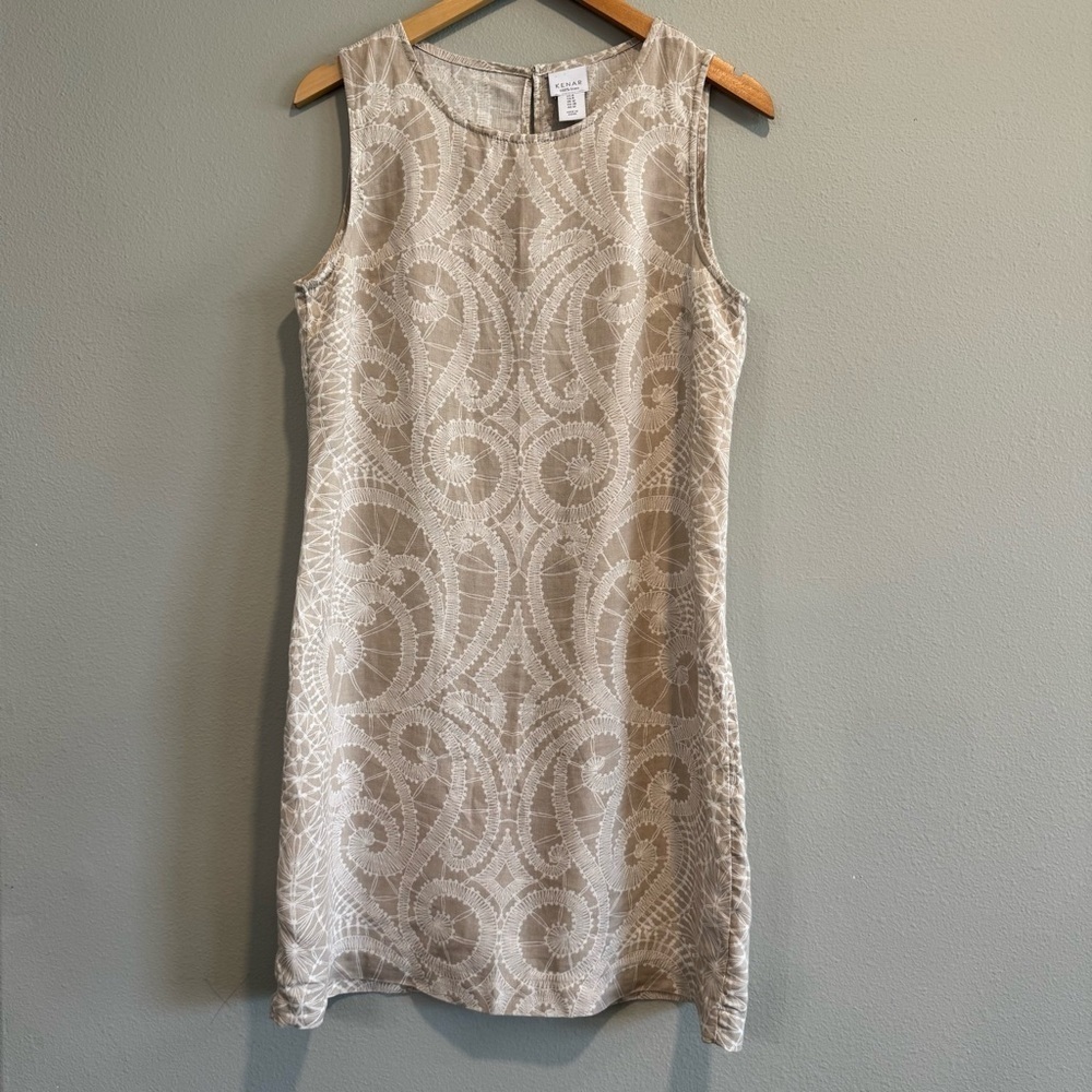 Kenar Elegant Beige Patterned Linen Shift Dress Beach Resort Summer 8